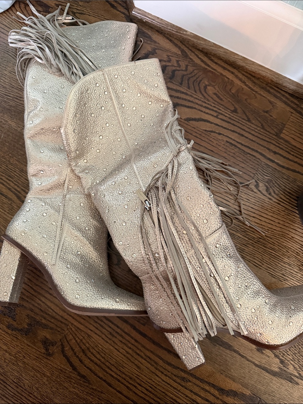 Fringe Embellished Metallic Knee-High Boots - Cream